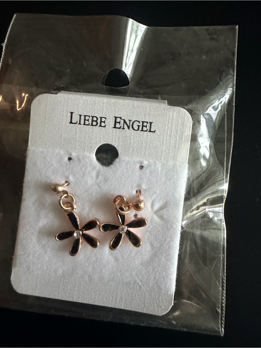 Rose Gold Daisy Drop Earrings with Black Petals